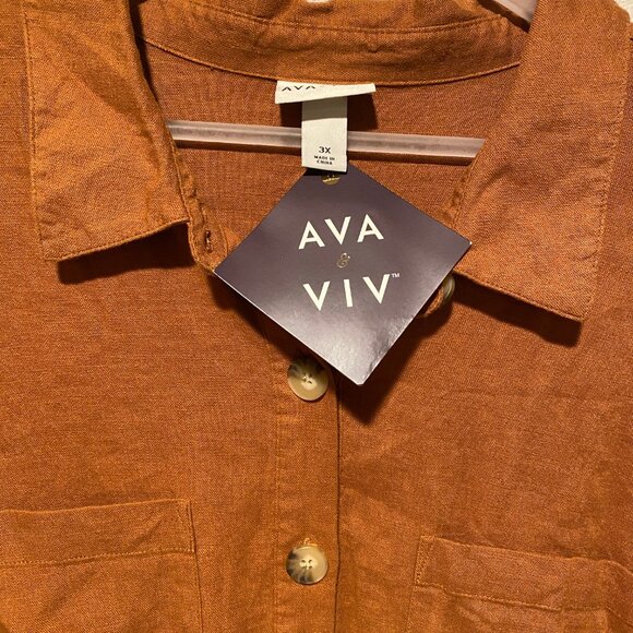 Ava & Viv Linen Brown Short Sleeve Jumpsuit 3X Belted Button Front Romper - Picture 4 of 5